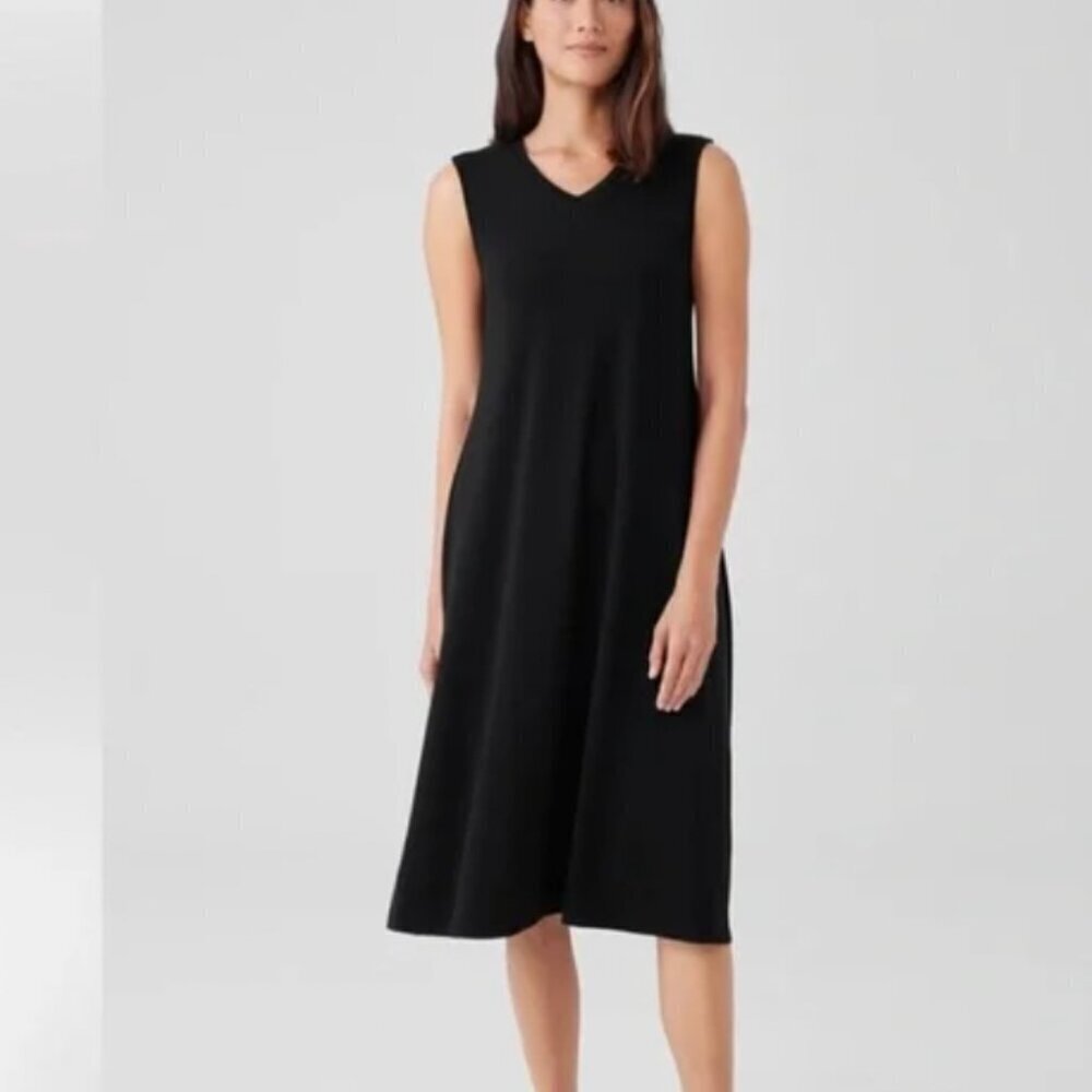 Eileen Fisher Stretch Jersey‎ Knit V-Neck Tank Midi Dress Medium Black
